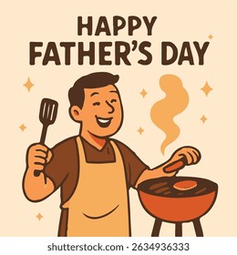 Cartoon illustration of a happy dad grilling food for Father’s Day. Perfect for holiday cards, ads, and family themes. Warm, cheerful, and great for summer or Father’s Day celebration visuals.