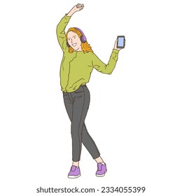 Cartoon illustration of happy dancing woman listening to music