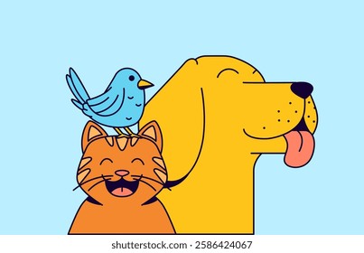 Cartoon illustration of a happy dog, cat, and bird together, symbolizing friendship and harmony among pets hand drawn vector