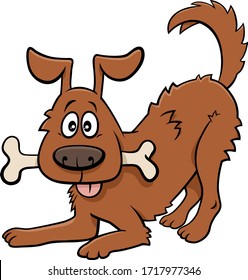 Cartoon Illustration of Happy Dog Comic Animal Character with Bone