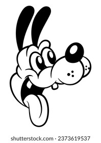 Cartoon illustration of A Happy dog face with their tongue sticking out in vintage art style. Best for outline, logo, and coloring book with pet themes for kids