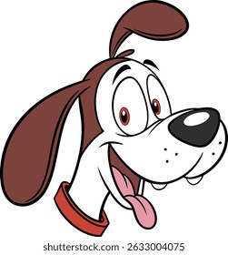 Cartoon illustration of a happy dog head with brown ears and a red collar, isolated on a white background.