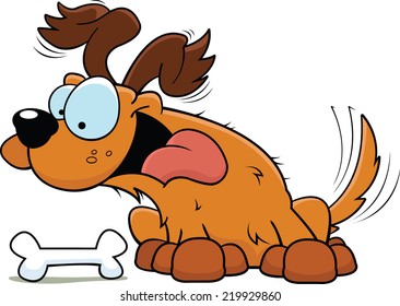 Cartoon illustration of a happy dog looking at a bone. 