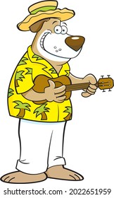 Cartoon illustration of a happy dog playing a ukulele while wearing a hat.