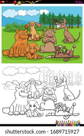 Cartoon Illustration of Happy Dogs Pets Animal Characters Group Coloring Book Page