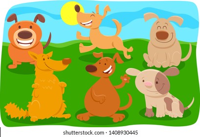 Cartoon Illustration of Happy Dogs and Puppies Pet Animal Characters Group