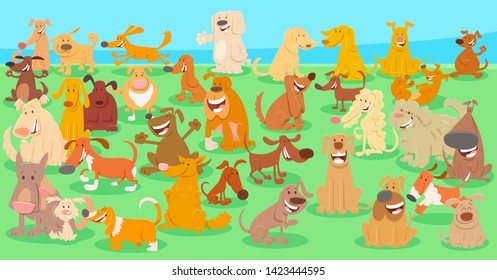 Cartoon Illustration of Happy Dogs and Puppies Pet Animal Characters Huge Group