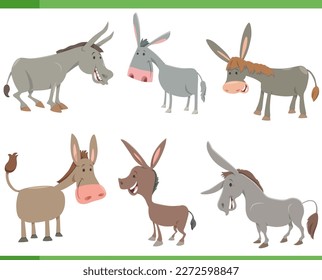 Cartoon illustration of happy donkeys farm animals comic characters set