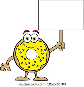 Cartoon illustration of a happy donut holding a sign.