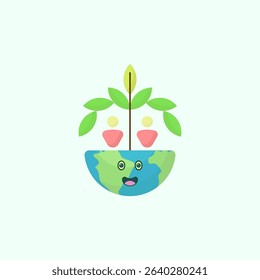 Cartoon illustration of happy earth with tree and human on it, for global World Population Day design