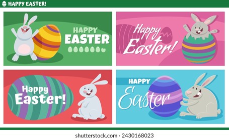 Cartoon illustration of happy Easter Bunnies characters with painted Easter eggs greeting card designs set