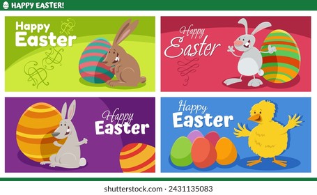 Cartoon illustration of happy Easter Bunnies and chick characters with painted Easter eggs greeting card designs set