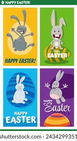 Cartoon illustration of happy Easter Bunnies characters with painted Easter eggs greeting card designs set