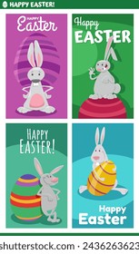 Cartoon illustration of happy Easter Bunnies characters with painted Easter eggs greeting card designs set