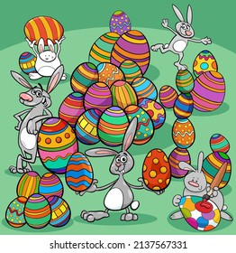 Ilustración de caricatura de feliz conejito de Pascua con huevos de Pascua