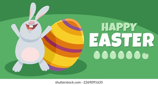 Cartoon illustration of happy Easter Bunny character with painted Easter eggs greeting card design