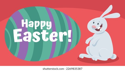 Cartoon illustration of happy Easter Bunny character with big painted Easter egg greeting card design