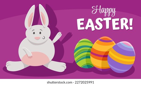 Ilustración de dibujos animados del personaje de feliz conejito de Pascua con diseño de tarjeta de saludo de huevos de Pascua pintados