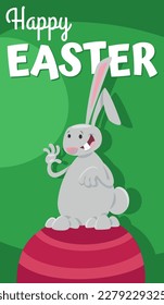 Cartoon illustration of happy Easter Bunny character on painted Easter egg greeting card design