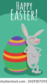 Cartoon illustration of happy Easter Bunny character with painted Easter egg greeting card design