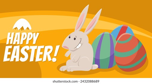 Cartoon illustration of happy Easter Bunny character with painted Easter eggs greeting card design