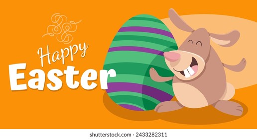 Cartoon illustration of happy Easter Bunny character with painted Easter egg greeting card design