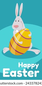 Cartoon illustration of happy Easter Bunny character with painted Easter egg greeting card design