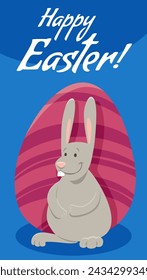 Cartoon illustration of happy Easter Bunny character with painted Easter egg greeting card design