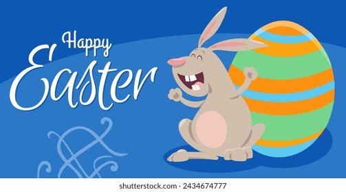 Cartoon illustration of happy Easter Bunny character with painted Easter egg greeting card design