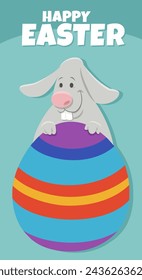 Cartoon illustration of happy Easter Bunny character with painted Easter egg greeting card design