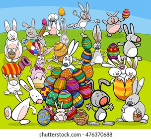 Cartoon Illustration of Happy Easter Bunny Characters with Colored Eggs