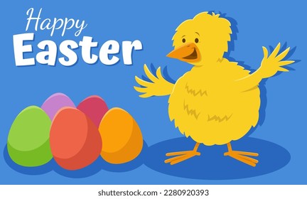 Ilustración de caricatura del personaje de feliz Pascua con diseño de tarjeta de saludo de huevos de Pascua pintados
