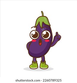 Cartoon Illustration of a Happy Eggplant Pointing Up With Finger