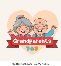 Cartoon illustration of a happy elderly couple, a grandmother with gray hair and a grandfather with glasses, waving their hands on Grandparents Day with a heart background.