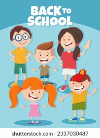 Cartoon illustration of happy elementary age children characters with Back to School caption