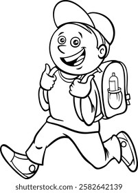 Cartoon illustration of happy elementary age student boy with school bag coloring page