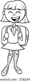 Cartoon illustration of happy elementary school girl with school bag coloring page