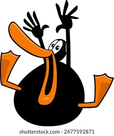 Cartoon illustration of happy or excited black duck animal character