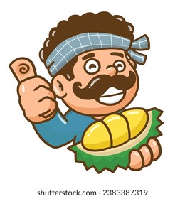 cartoon illustration with a happy face carrying durian fruit