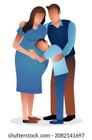 Cartoon illustration of happy family, a boy hugging his pregnant mother hearing inside her belly. Pregnancy and motherhood