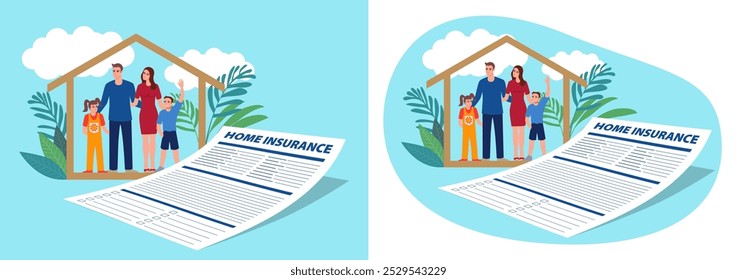 Cartoon illustration of a happy family inside a house icon, with a large document labeled Home Insurance in front. Concepts for home security, insurance policies, or family protection