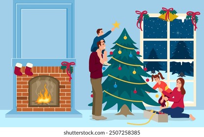 Cartoon illustration of a happy family warmly gathering to decorate a Christmas tree, perfect for greeting cards, holiday decorations, and festive content