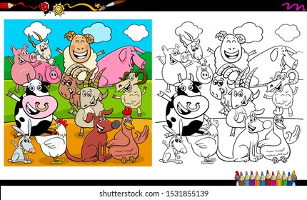 Cartoon Illustration of Happy Farm Animal Characters Group Coloring Book Worksheet