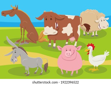 Cartoon illustration of happy farm animal characters group in the countryside