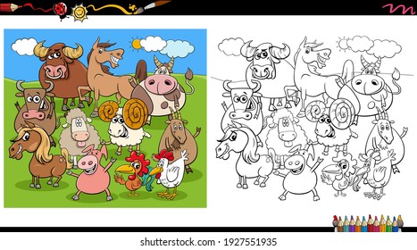Cartoon illustration of happy farm animal characters group coloring book page