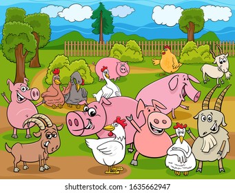 Cartoon Illustration of Happy Farm Animals Comic Characters Group in the Countryside