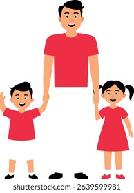 Cartoon illustration of a happy father standing with his son and daughter, all smiling and holding hands, wearing red clothes, family moment.

