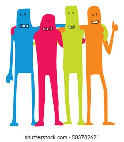 Cartoon illustration of happy gang of colorful friends hugging