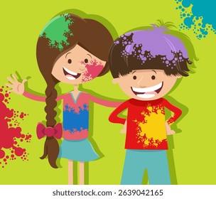 cartoon illustration of happy girl and boy having fun on the party with color powders