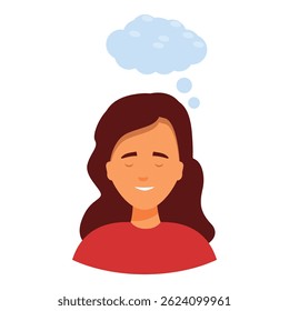 Cartoon illustration of a happy girl with a thought bubble, concept of dreaming and fantasizing